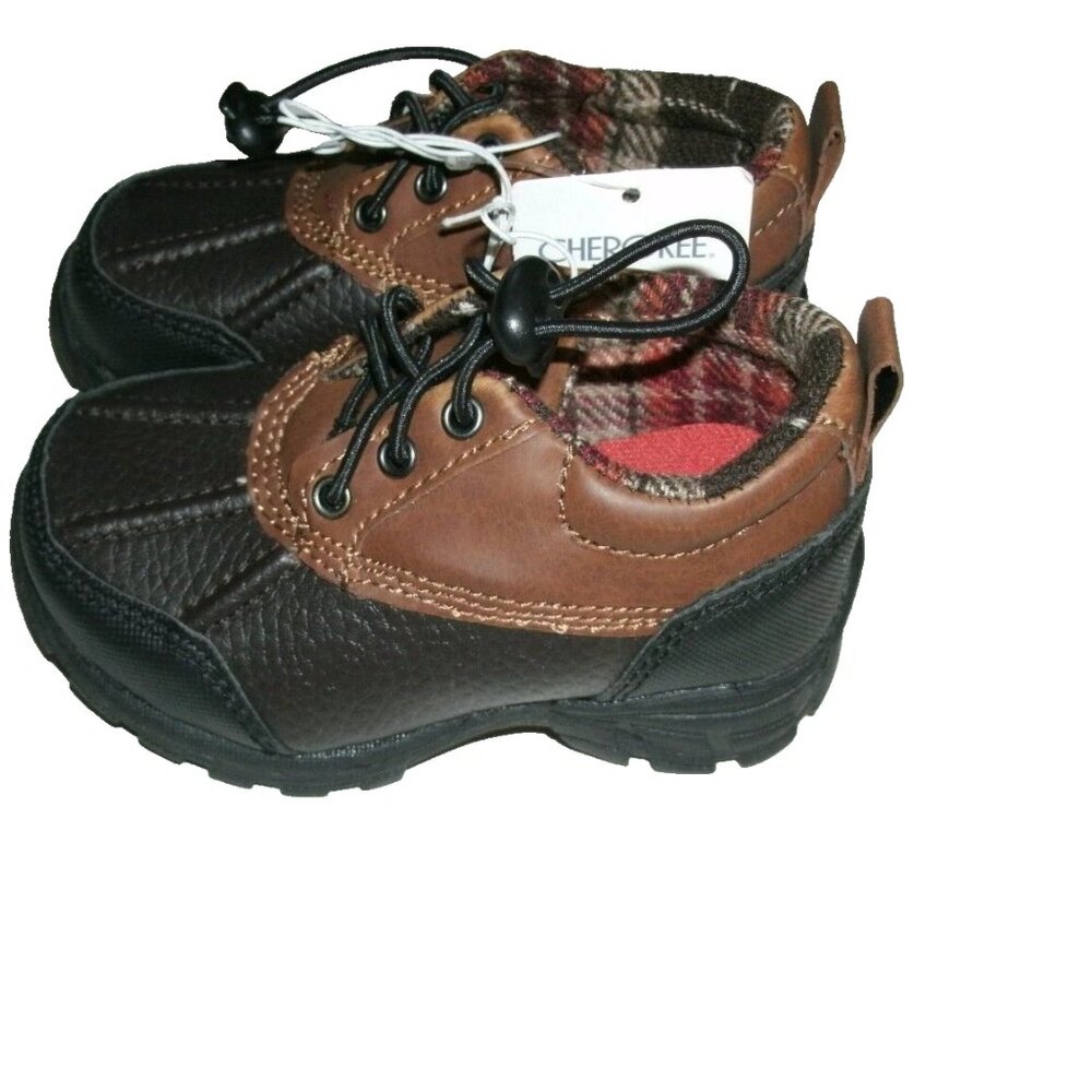 Cherokee Boys Boots Duck Winter Brown Plaid Lining Faux Leather Toddler 5 New